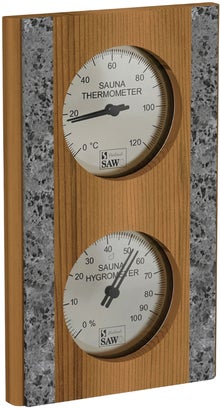 SAWO termo-hygrometer i ceder med kant i t&auml;ljsten.