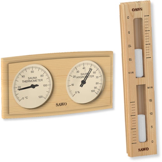 SAWO termometer, hygrometer + timglas, tall