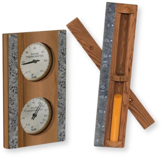 SAWO termometer, hygrometer + timglas, ceder & t&auml;ljsten